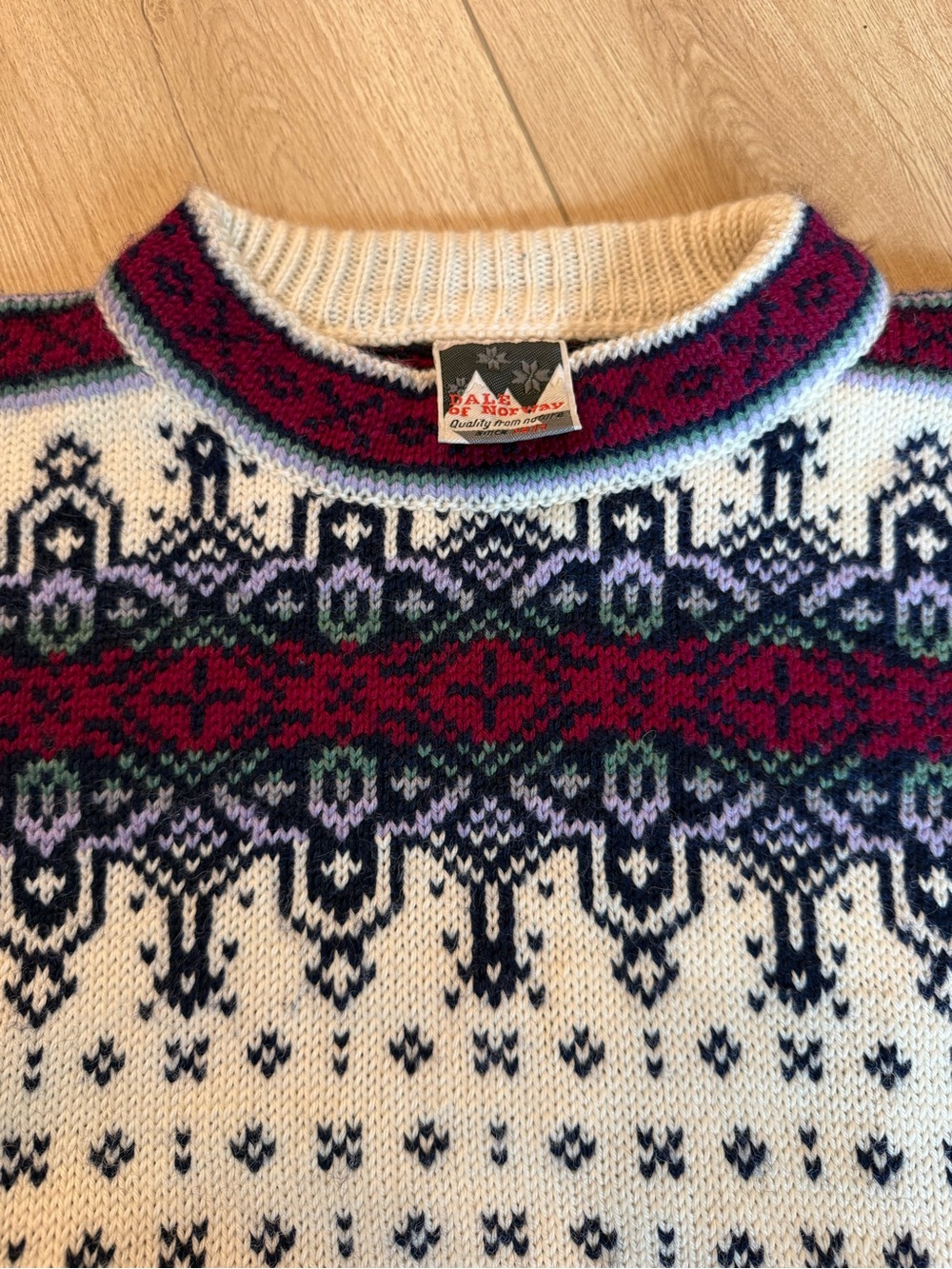 Dale of Norway Cream, Navy & Burgundy Fair Isle Crewneck Sweater - Picture 2 of 7